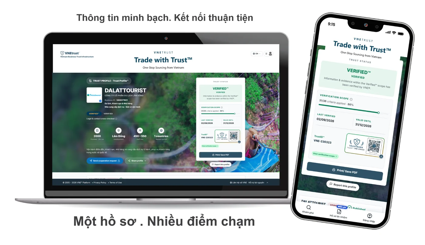 Hồ sơ Trust Verified™ của DALATTOURIST hiển thị trên laptop và điện thoại — Một hồ sơ, nhiều điểm chạm