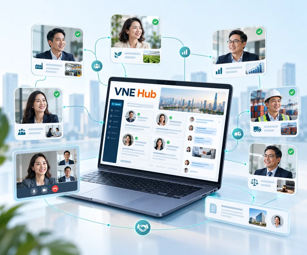 Minh họa cộng đồng doanh nghiệp VNE Hub kết nối và chia sẻ Hồ sơ tín nhiệm trên môi trường số